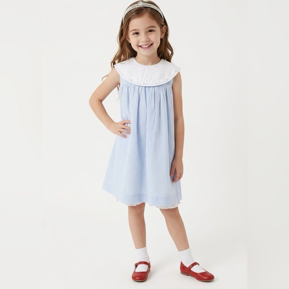 Claire & Charlie Blue and white dress with embroidered collar size 5 EUC